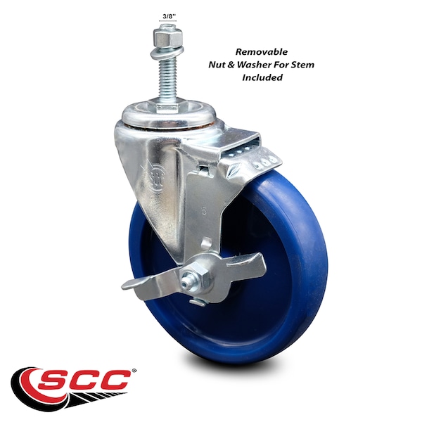5 Inch Solid Polyurethane Wheel Swivel 3/8 Inch Threaded Stem Caster with Brake
